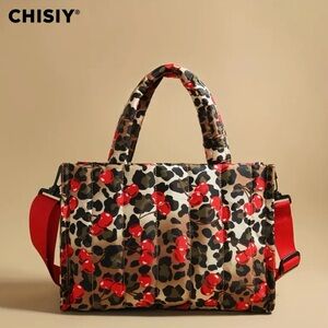 Cherry Leopard Quilted Puffer Tote Bag Red Crossbody Strap NIP